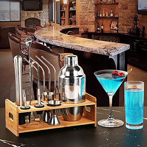 Cocktail Shaker Set 16 Teilig Aus Edelstahl Mit Holzständer-Basis-Shaker-Getränkemischer-Set Bar-Set-Werkzeug – Bild 3