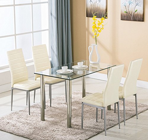 Kaluo 5 PCS Modern Rectangular Dinning Set, Durable Glass Top Table & 4 Chairs for Kitchen Room Furniture