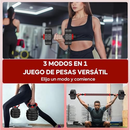 Kit de Pesas y Mancuernas, Barras para Ejercicio Multiusos,10/15 KG Set de Mancuernas Ajustables con 4 Modos como Barra, pesas rusa y mas combinaciones para Hombres/Mujeres