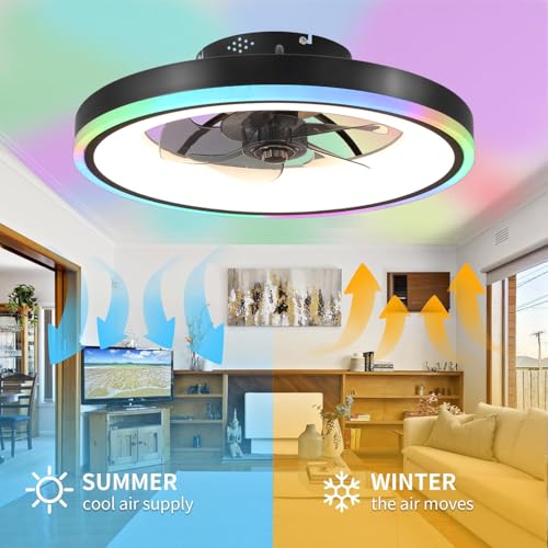 TYJY RGB Modern Silent Ceiling Fan with Light, 60 W Dimmable LED (3000 K-6500 K) RGB Ceiling Fans with Remote Control APP, Timer, 6 Speed, for Living Room, Bedroom, Black