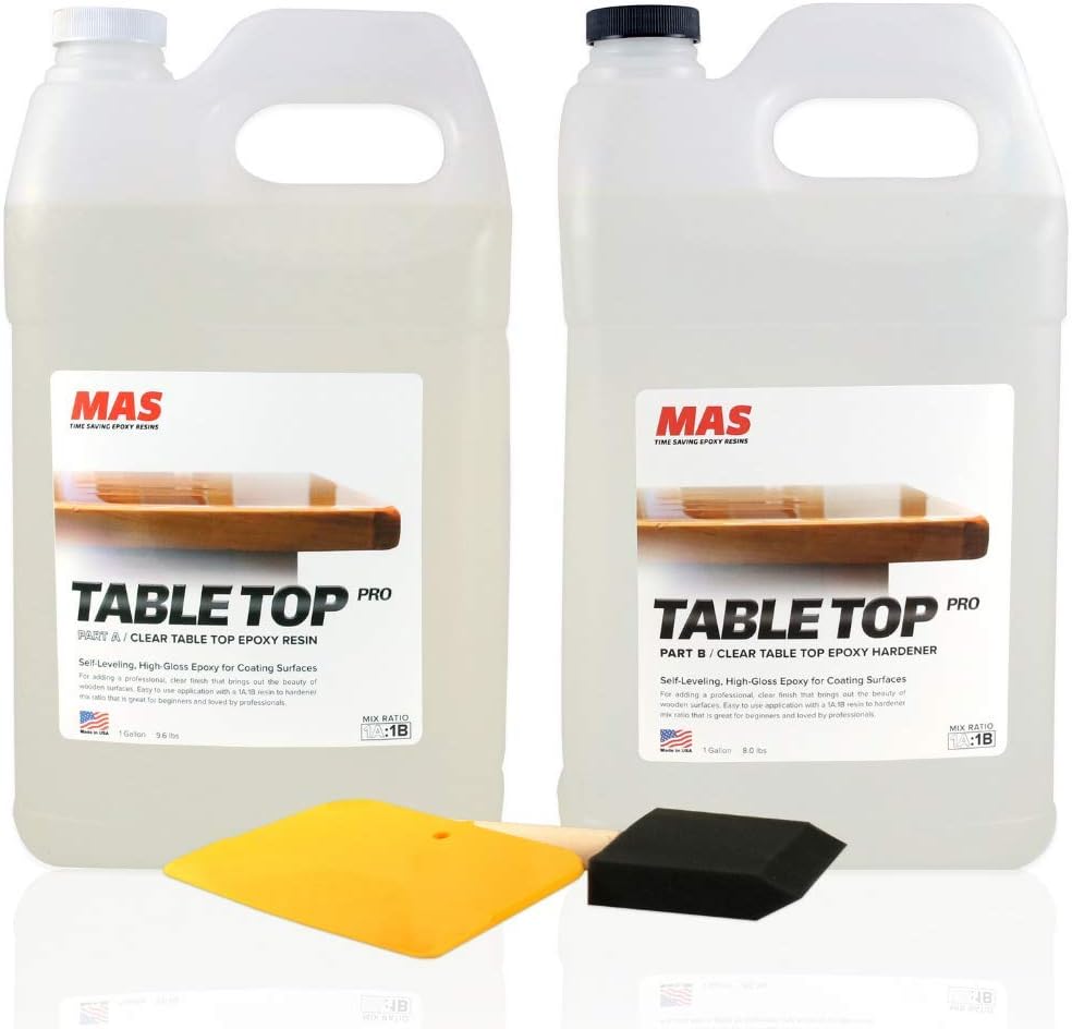 Crystal Clear Epoxy Resin Two Gallon Kit | MAS Tabletop Pro Epoxy Resin & Hardener | Two Part Kit for Wood Tabletop, Bar Top, Resin Art | Set Includes Spreader & Brush | Professional Grade (2 Gallon)
