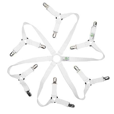 Auivguiv Toweter 6 Seiten Einstellbar Elastisch Bettlakenspanner mit Metallklammern, Criss Cross Bettwäsche Hosenträger, Pass