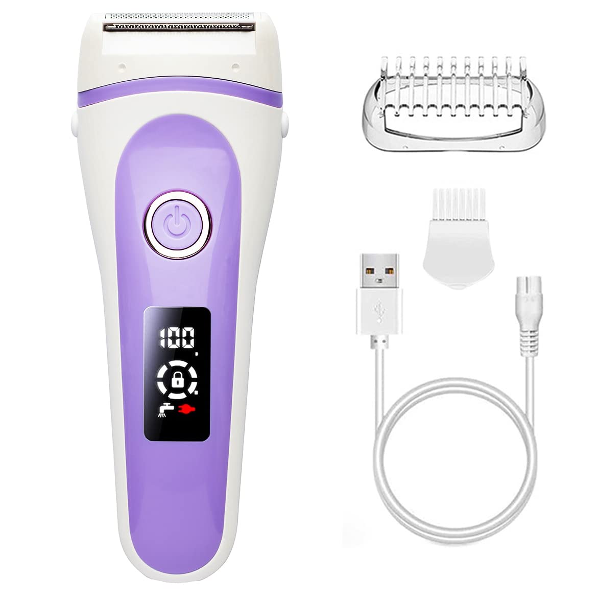 Electric Lady Shaver Bikini Trimmer, Wet & Dry Rechargeable Cordless Painless Electric Razor for Women, LED Display Razor for Legs Underarms (Purple)