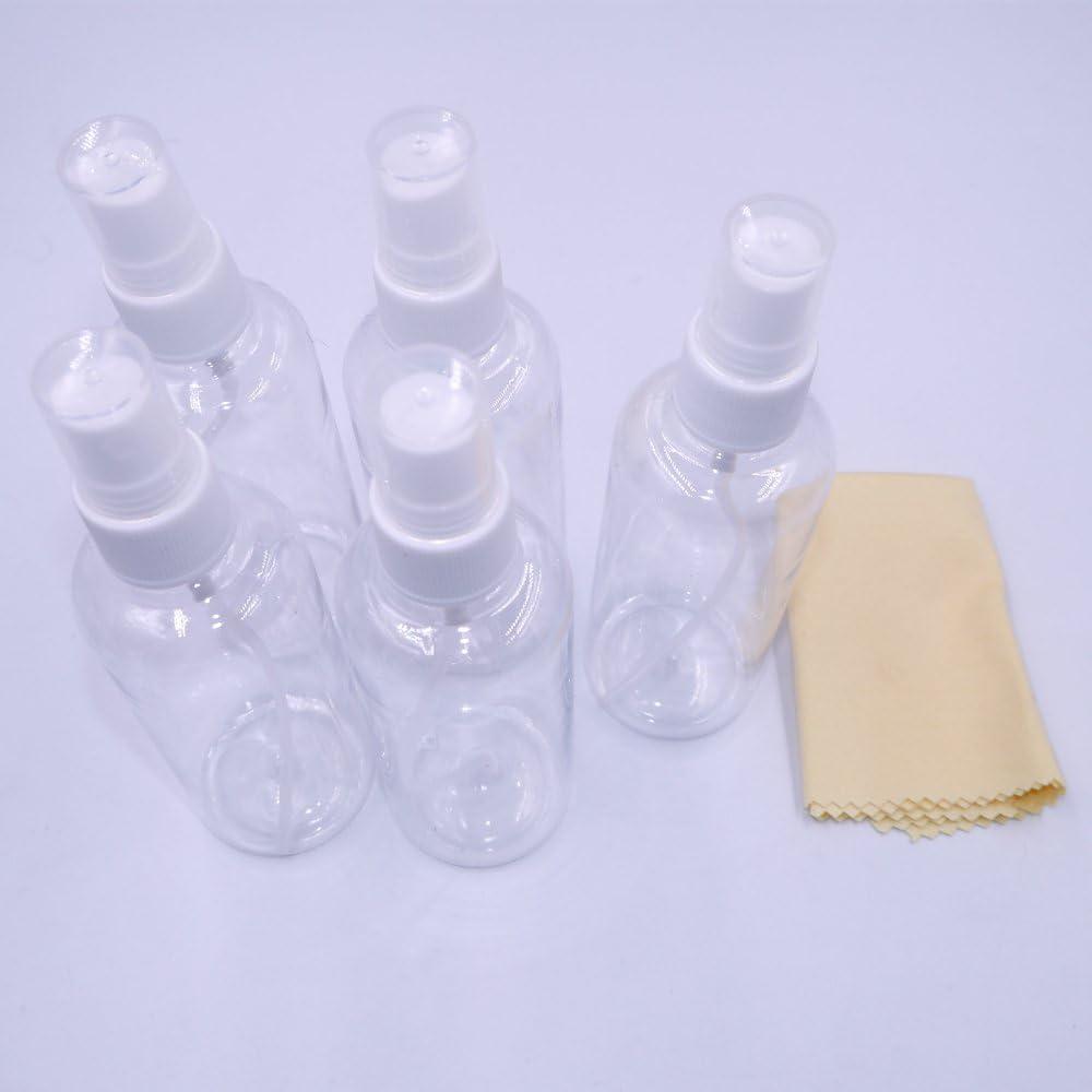 Adam Victor Spray Bottle, 5 Pcs Empty 100ml (3.5 oz.) Clear Plastic Fine Mist Sprayer for Cleaning, Travel + Cleaning Cloth