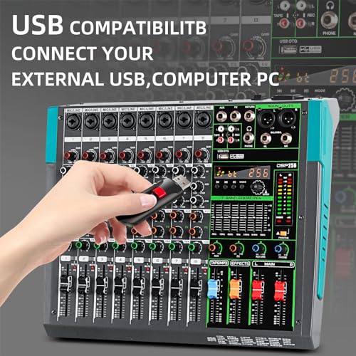 Depusheng PA8 Professional Audio Mixer Sound Card Console System Desk Interface 8 USB Bluetooth MP3 Input Computer Power Supply Phantom 48 V Reverb Effect 256 Integrated Black