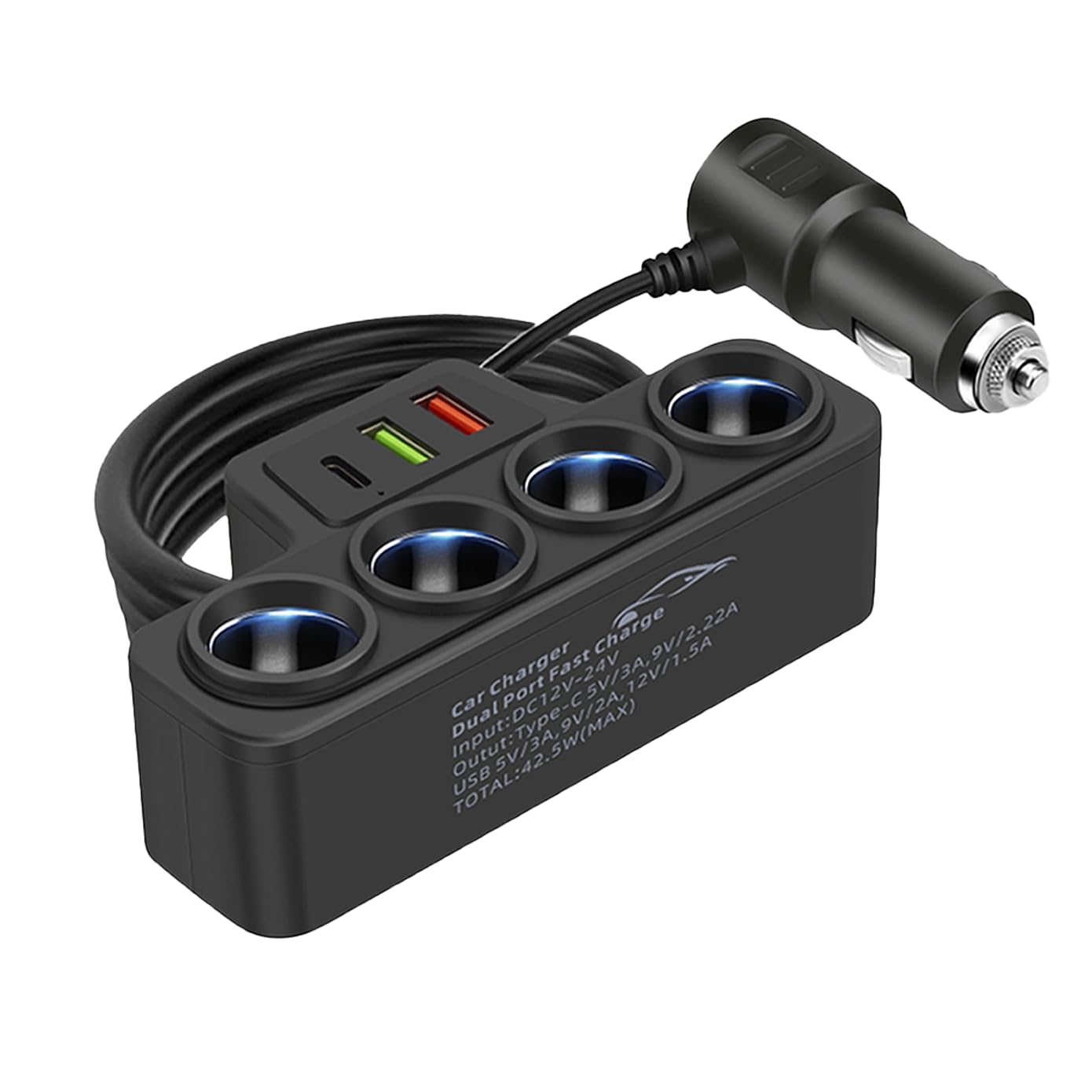 Multi-Function Cigarette Lighter Splitter, Cell Phone Car Charger, 4 Cigarette Lighter Sockets, 1 PD Fast Charger Port 2-Port USB Power Adapter for Cell Phones Adapter