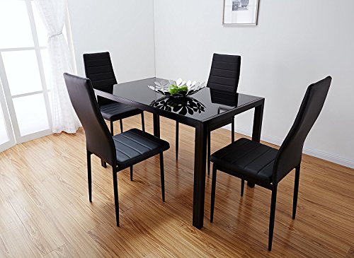 Bonnlo 5 Pieces Dining Set Black Dining Table and Chairs Set for 4 Persons,Kitchen Room Glass Table with 4 Chairs,Matte Black - Thumbnail 7