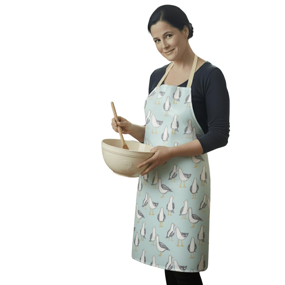 Wipe Clean PVC Coated Aprons - 100% Cotton Oilcloth - One Size - Easy to Clean and Splash Proof Apron (Duck egg Seagulls, Adult (75cm Length))