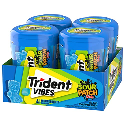 TRIDENT VIBES SOUR PATCH KIDS BLUE RASPBERRY SUGAR-FREE CHEWING GUM, 4 BOTTLES OF 40 PIECES (160 TOTAL PIECES)