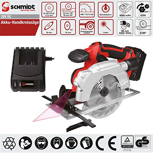 SCHMIDT security tools Akku-Handkreissäge CS-165 Laser Akku-Kreissäge Ladegerät 20V 4,0Ah Akku Sägeblatt Ø 165mm – Bild 8