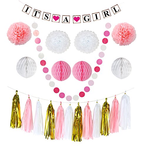 YoTruth Pink Baby Shower Decorations for Girl Paper decorations Set with It's a Boy Banner Pom poms Flowers Ho