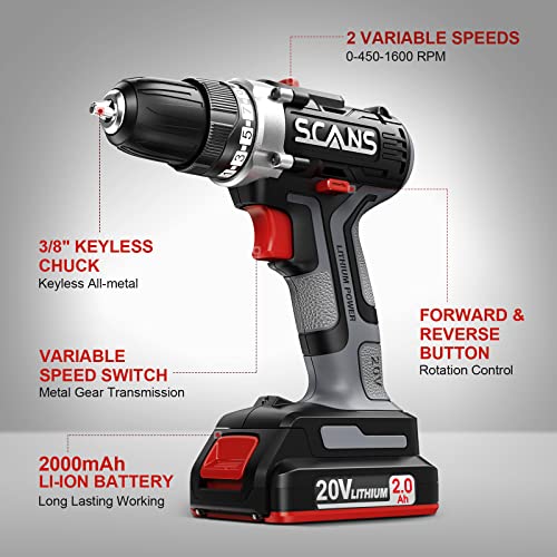 SCANS Cordless Drill Driver, 20V Electric Power Drill Kit, 354 In-lb Torque, Variable Speed, 3/8
