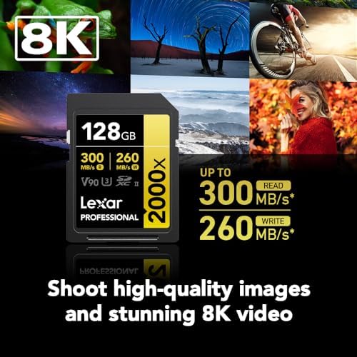 Lexar 128GB Professional 2000x SD Card, UHS-II, C10, U3, V90, Full HD, 8K, Up To 300MB/s Read SDXC Memory Card, for DSLR, Cinema-Quality Video Cameras (LSD2000128G-BNNNU)