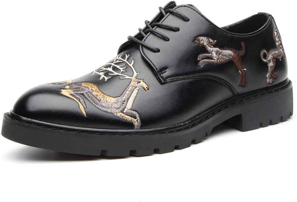 Men Derby Shoes Embroidery Retro Pointed Toe LaceUp Black Wedding