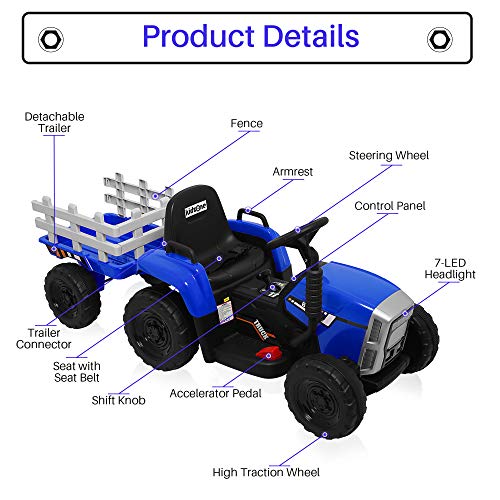Kidzone 12V Kids Battery Powered Electric Tractor with Trailer Toddler