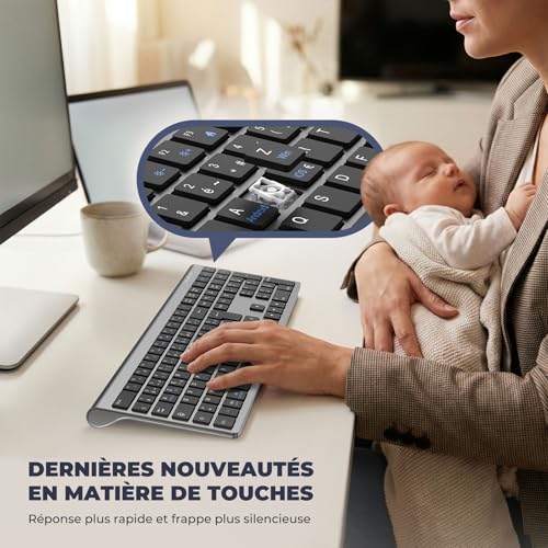 cimetech Wireless Rechargeable Bluetooth Keyboard Silent Ultra-Slim French AZERTY Keyboard with Numeric Pad for MacOS/iOS/Android/Windows/PC/Computer/Laptop/Laptop - Grey Black