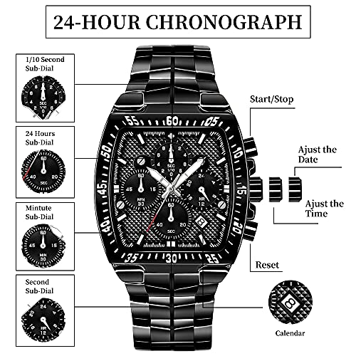 WWOOR Sqaure Gold Watches for Men, Men\'s Wrist Watches Stainless Steel Chronograph Waterproof Analog Quartz Stylish Business Casual Watch with Date, Imported Japanese Movement