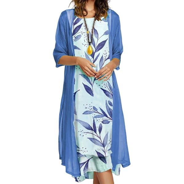 Zhyaj Womens Floral Flowy Tank Midi Dress with 3/4 Sleeve Cardigan 2 Piece  Set Casual Loose Chiffon Wedding Guest Dresses for Women 2024 Plus Size  Gowns Evening Party Dress,Blue Green,S at Amazon