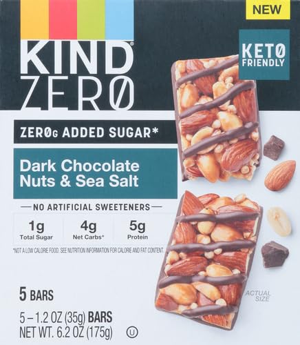 KIND ZERO ADDED SUGAR HEALTHY SNACKS BARS, DARK CHOCOLATE NUTS & SEA SALT, GLUTEN FREE, HIGH FIBER, KETO SNACKS, 5G PROTEIN, 5 COUNT