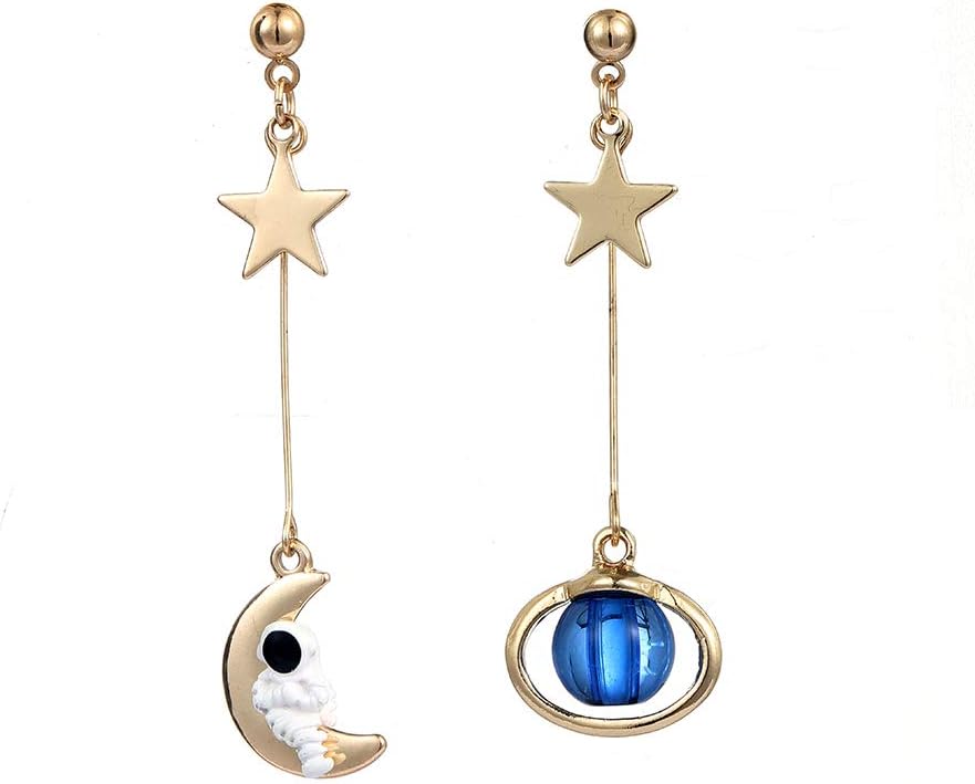 HERHONEY Cute Astronaut Earrings for Women - Star Spaceman Earrings for Girls, Asymmetrical Star Moon Earrings for Fashion Women