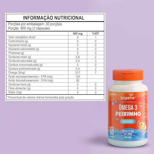 Ômega 3 Peixinho, Concentrado em EPA e DHA, Sabor laranja, 60 Caps Mastigáveis, Bigens