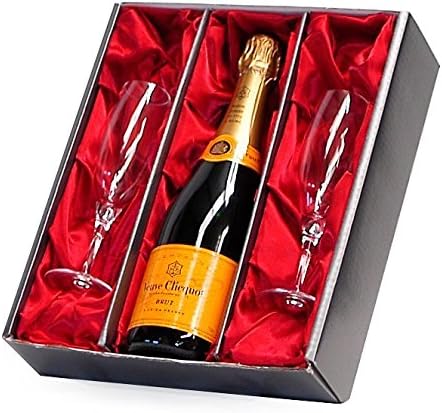 Fine Food Store Veuve Clicquot Yellow Label Brut Champagne and 2 Champagne Flutes in Satin Inserts with Luxury Silver Gift Box 75 cl