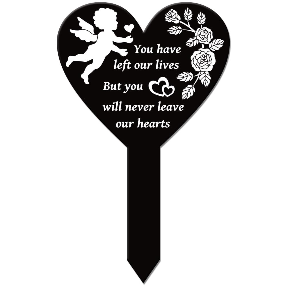GLOBLELAND Heart Shaped Angel Rose Garden Memorial Remembrance Plaque Waterproof Sympathy Garden Stake for Yard Cemetery