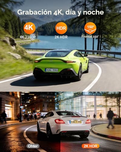 Cámara para Coche Frontal KAWA 4K Mini, Control por Voz, Pantalla Oculta, Motor NightEagle con HDR 2K, Wi‑Fi 6 y GPS Integrados, Modo de estacionamiento con búfer 24/7, admite hasta 256 GB