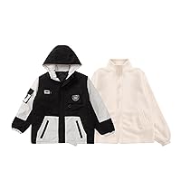 ELUCKFACE Kids Windproof 3-in-1 Winter Jacket, Hooded Water-Resistant Thick Coat with Detachable Fleece for Boys Girls Black 7-8 Years