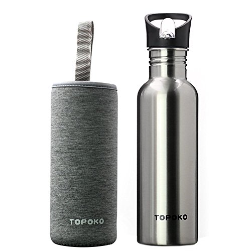 TOPOKO 25 Ounce Single Wall Stainless Steel Leak Proof Sports Water Bottle, Standard Mouth BPA-Free Flip Top Straw Spout/Cap and Nylon Sleeve