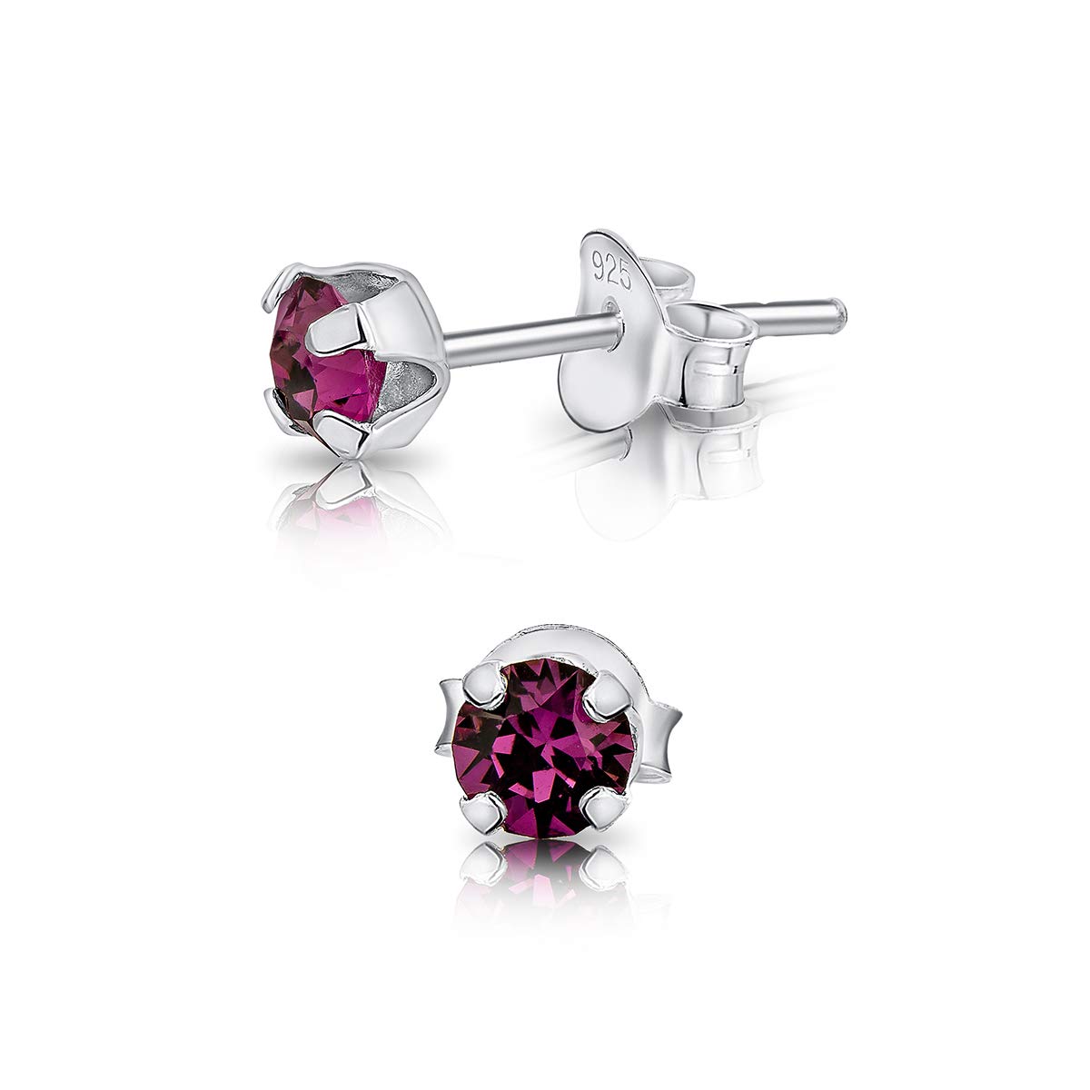 925 Sterling Silver Round SMALL Stud Earrings made with Glittering Crystals - Small Silver Studs Earrings for Woman - Diameter: 4 mm - Colour : Purple Amethyst