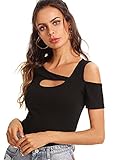 SheIn Women's Cutout Short Sleeve Cold Shoulder Ribbed Knit T-Shirt Top Medium Black
