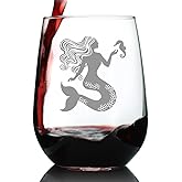 Bevvee Mermaid Stemless Wine Glass - Fun Mermaids Themed Decor and Gifts for Beach Lovers - Large 17 Oz Glasses