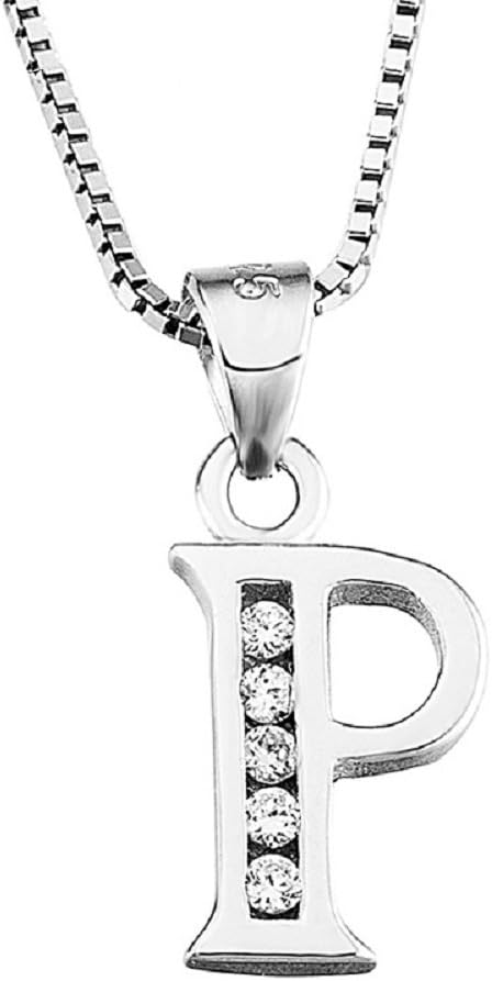 English 26 Alphabet Initial Letter A-Z Necklace Pendant Personalized Gifts for Women Girl 18 Inch Box Chain Fashion Jewellery with Clear Cubic Zirconia (P)