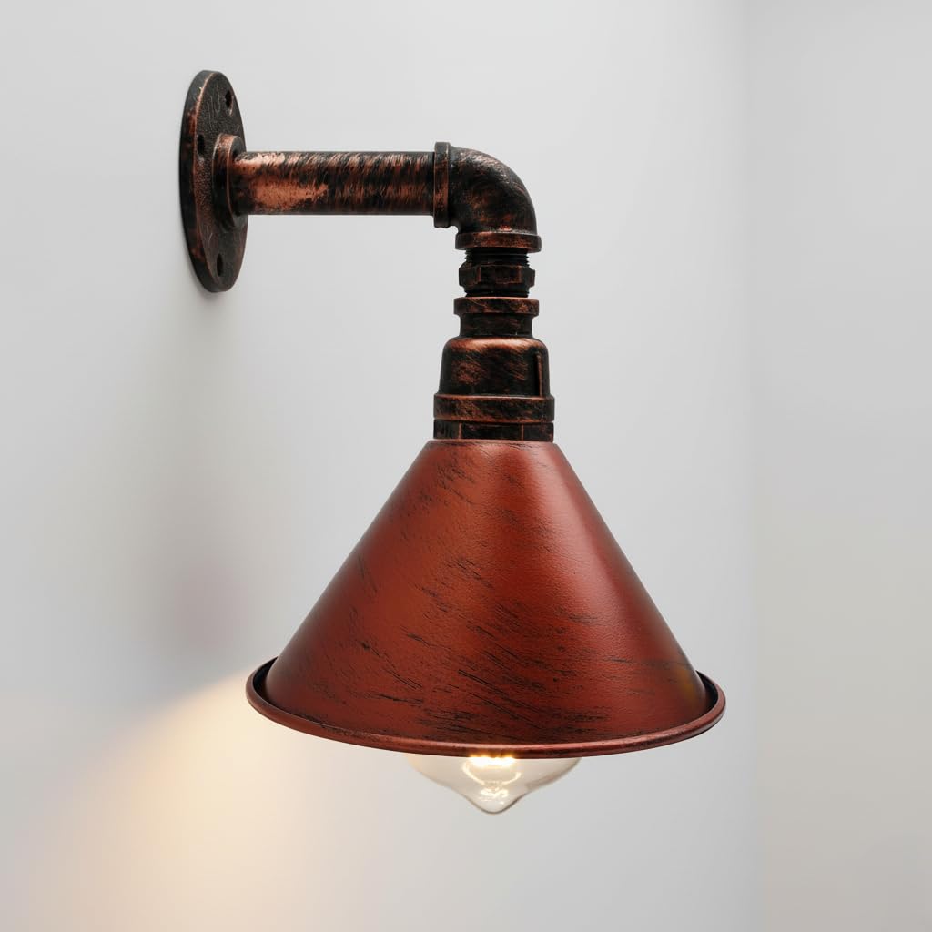 LEDSone Industrial Vintage Water Pipe Wall Light Conical Metal Shade Rustic Red Wall lamp E27 Socket Steampunk Wall Sconces Lighting Fixtures for Bedroom, Farmhouse, Restaurant, Bar Décor
