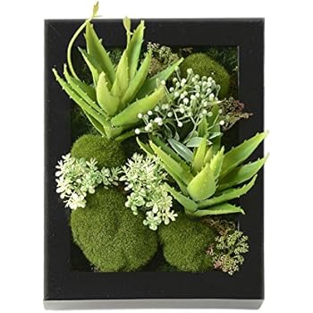 3D New Style Wall Hanger Artificial Flowers Metope Green Grass White Flower Succulent plants Imitation Wood Frame Vase wedding Decorations living Room, Black Frame, 7.87 in 9.84 in