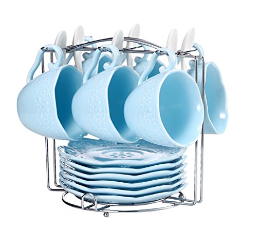 Eglaf Coffee Tea Cup Set Embossed Ceramic (Bone China) and Porcelain Saucers Scoop Bracket 6 - Piece Set (Blue)