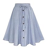 Allonly Women's A-Line High Waisted Button Front Drawstring Pleated Midi Skirt With Elastic Waist Knee Length Blue Small   Medium