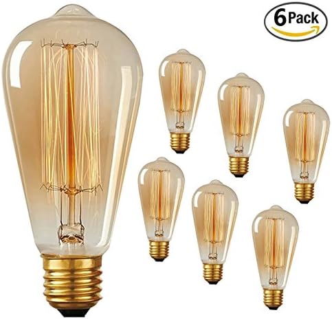 DEGUAN Dimmable Vintage Edison Bulb 60W 200Lumens 6 Pack-Squirrel Cage Filament-ST64 Type A Style/Amber Tint/120V/ E26