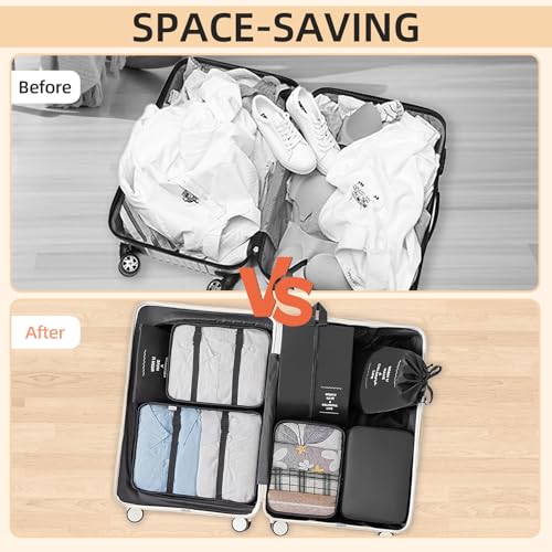 Suitcase Organizer, 10 Pieces Waterproof and Tear-Resistant Organizer Bags, Packing Cubes for Clothes, Shoes, Underwear and Cosmetics, Black