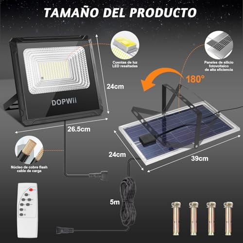 Dopwii Lamparas Solares Exterior 16000mAh, Luces Solares para Exterior Jardin, Panel Solar Bifacial con Absorción de Luz de 360°, Lámpara Solar con 4 Modos de Iluminación y Mando a Distancia(2 Piezas)