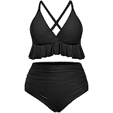 Yonique Women Plus Size Two Piece Swimsuits High Waisted Bikini Set Tummy Control Bathing Suits Ruffle Swimwear
