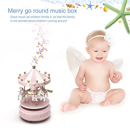 Wooden Merry-Go-Round Carousel Music Box Kids Toys Gift Wind-Up Musical Box - Thumbnail 2