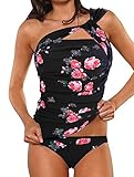 Dellytop Women's One Shoulder Swimsuit Two Piece Ruched Tankini Tummy Control Bikini Set