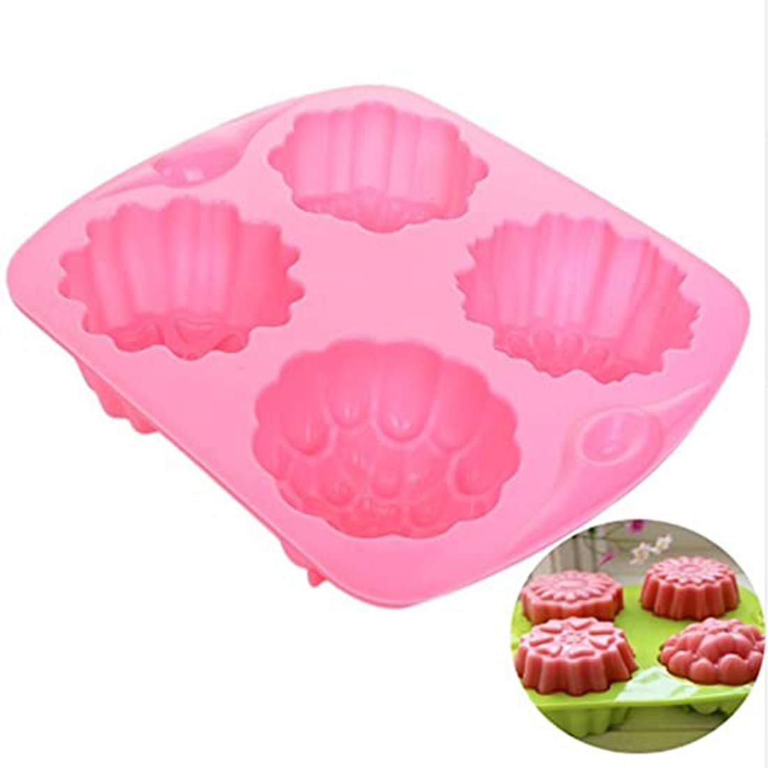 SYGA 4 Cavity Different Flowers Designs Muffins Jelly Candle Soap Silicon Mould (Colour May Vary)