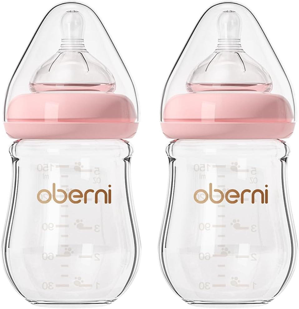 Oberni Glass Baby Bottles 150ml Level 1 Slow Flow Pink 2 Pack Wide Neck