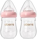 Oberni Glass Baby Bottles 150ml Level 1 Slow Flow Pink 2 Pack Wide Neck