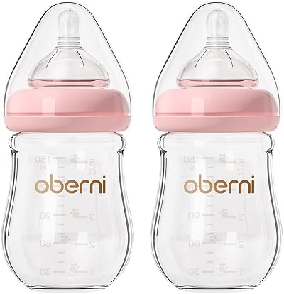 Oberni Glass Baby Bottles 150ml Level 1 Slow Flow Pink 2 Pack Wide Neck
