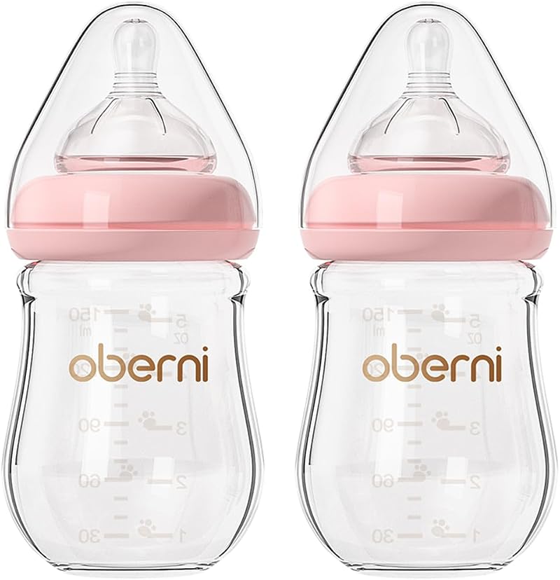 Oberni Glass Baby Bottles 150ml Level 1 Slow Flow Pink 2 Pack Wide Neck