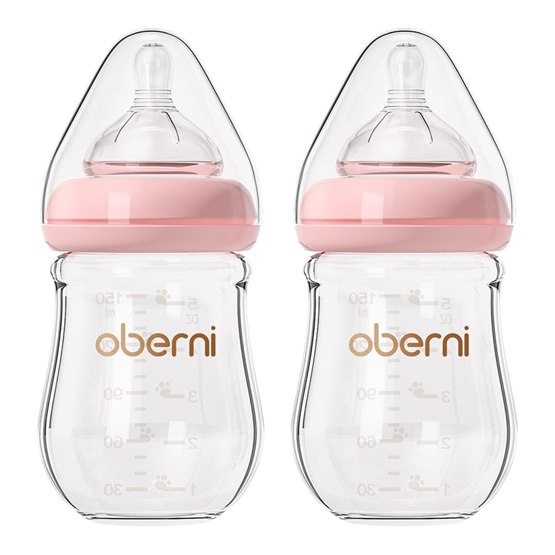 Oberni Glass Baby Bottles with Level 1 Slow Flow Breast-Like Silicone Teat, 150ml, 0+ Months Newborn, Wide-Neck, Pink/2Pack